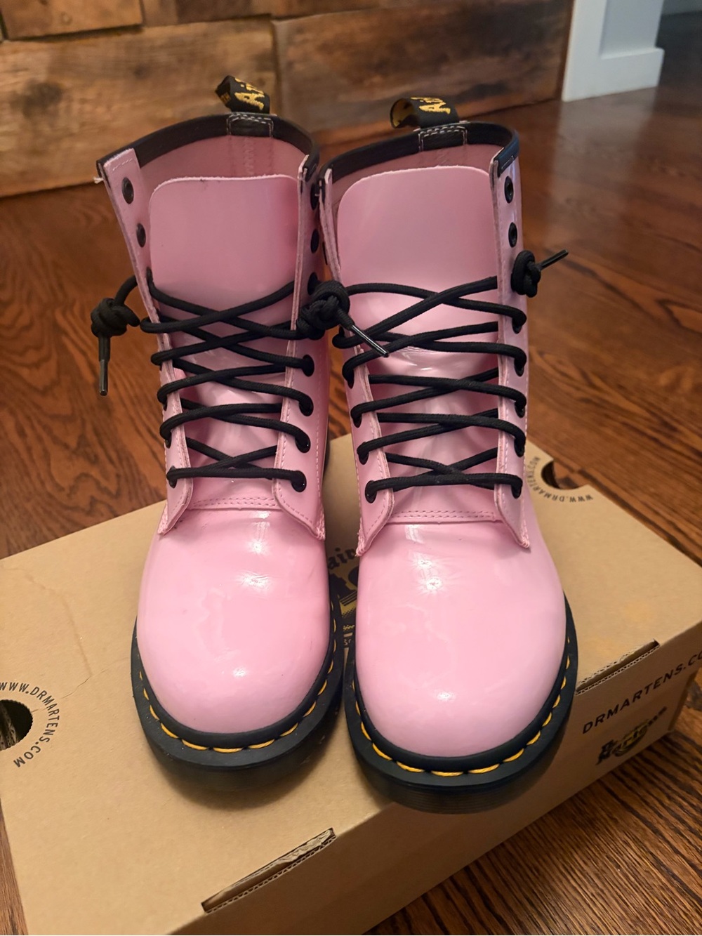 Dr. Martens Pink Patent Lace-Up Boots with Black Laces